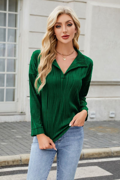 Texture Collared Neck Long Sleeve Blouse