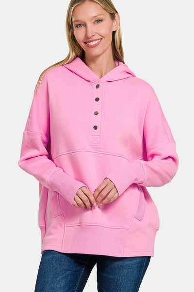 Half Snap Long Sleeve Hoodie with Kangaroo Pocket