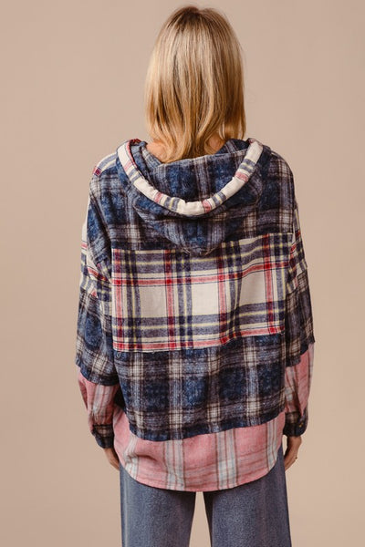 Drawstring Plaid Drop Shoulder Hoodie