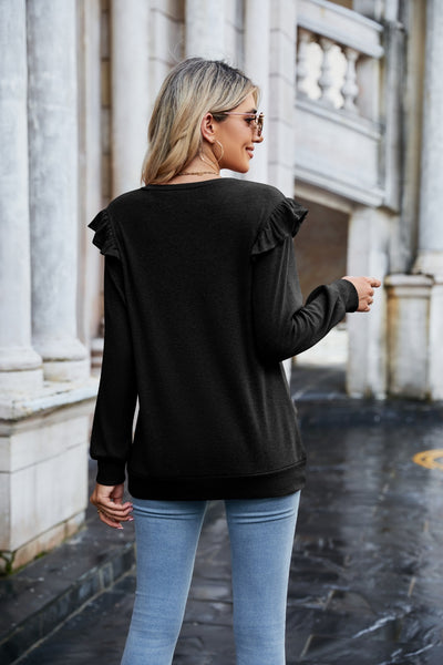 Mandy Ruffled Heathered V-Neck Long Sleeve T-Shirt