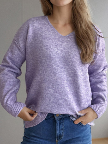 V-Neck Dropped Shoulder Long Sleeve Sweater