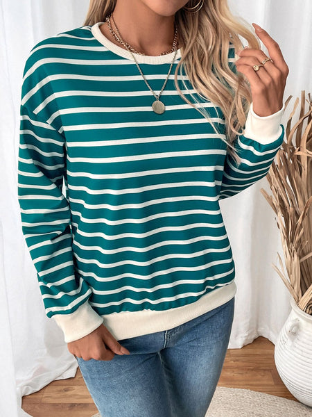 Striped Contrast Round Neck Long Sleeve Sweatshirt