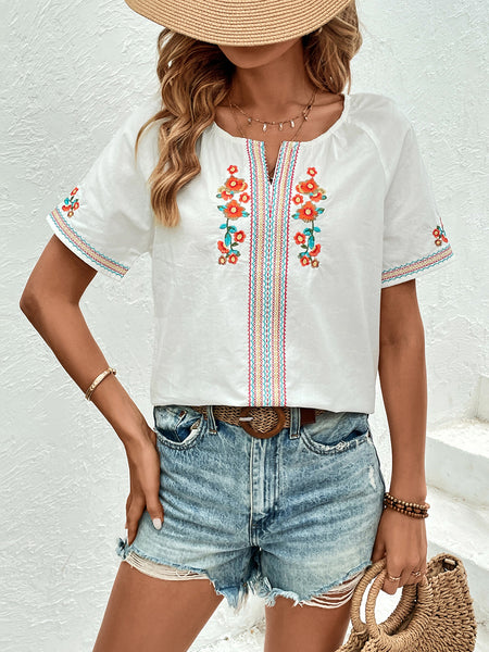 Embroidered Notched Short Sleeve Blouse
