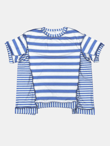 Full Size Contrast Stitching Striped Round Neck T-Shirt