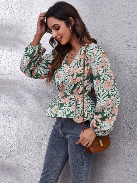 Ruched Printed V-Neck Long Sleeve Blouse