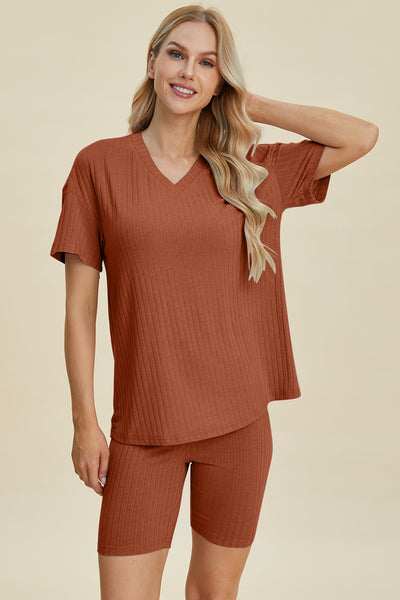 Ribbed V-Neck Short Sleeve Top and Shorts Set