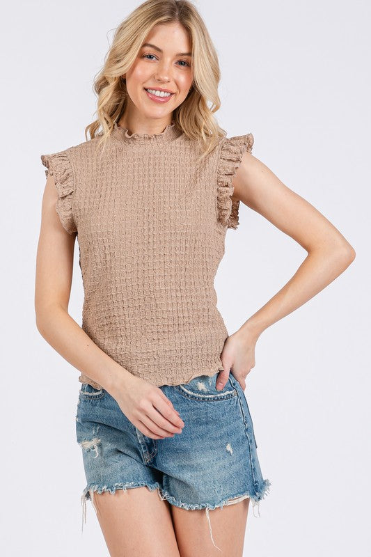 Texture Mock Neck Ruffle Cap Sleeve Blouse