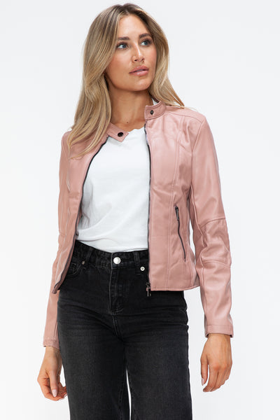 Faux Leather Zip Up Drawstring Hooded Jacket