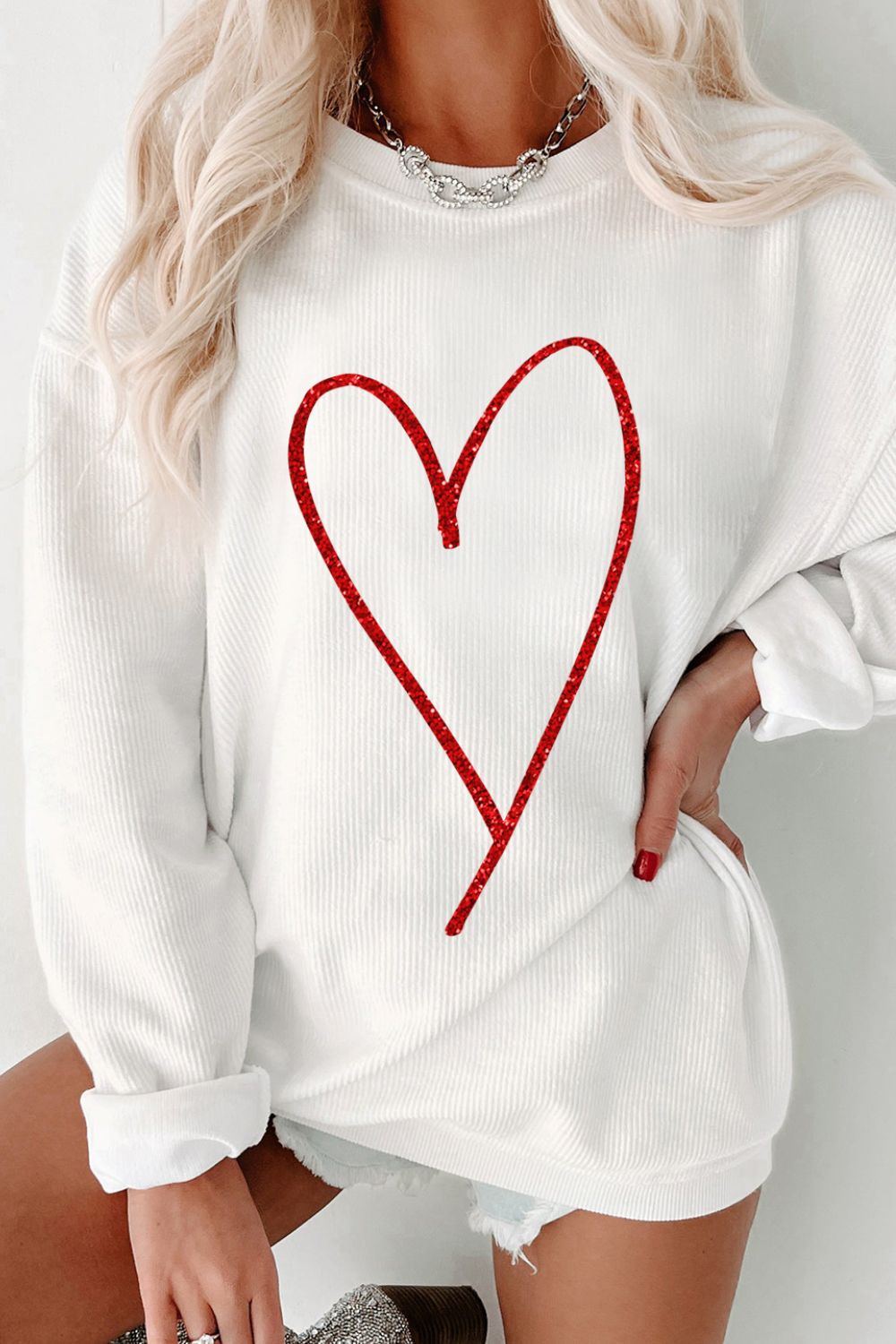 Valentine’s Day Glitter Heart Corded Sweatshirt