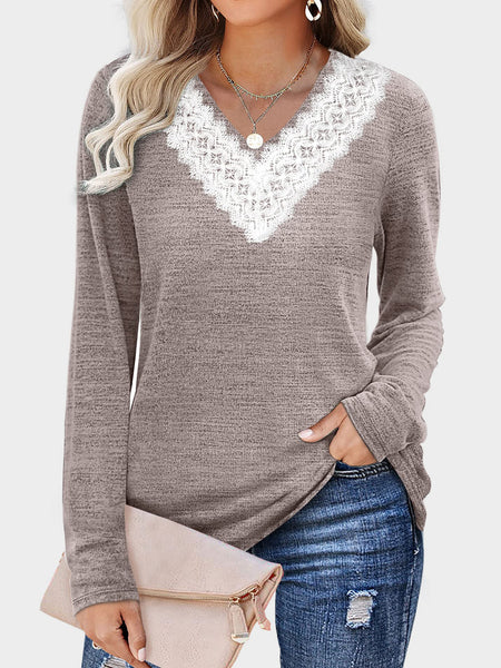 Lace Detail V-Neck Long Sleeve T-Shirt