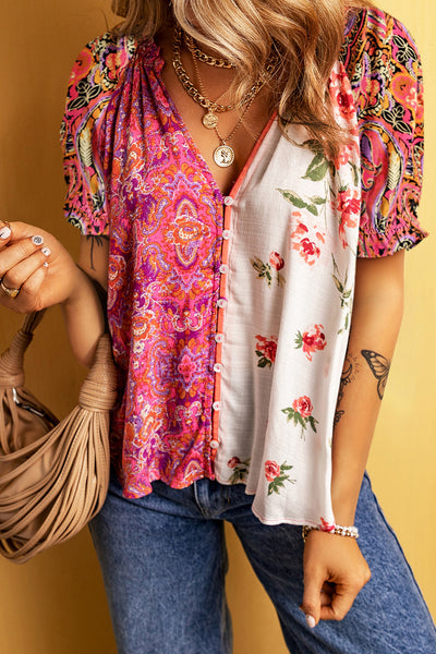 Printed V-Neck Short Sleeve Blouse