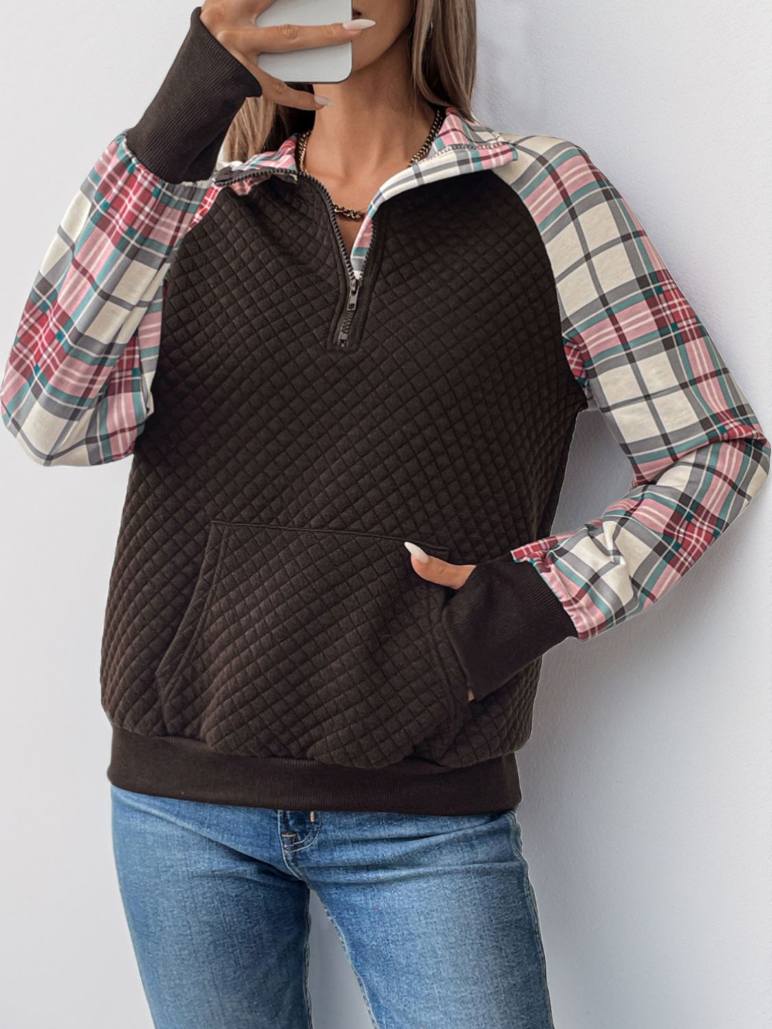 Plaid Half Zip Long Sleeve Sweatshirt