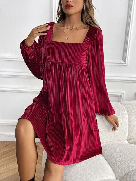 Tied Pocketed Square Neck Long Sleeve Dress