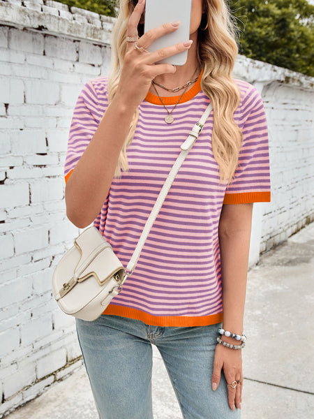 Striped Contrast Round Neck Half Sleeve Knit Top