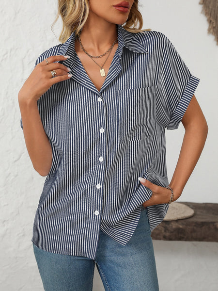 Pocketed Striped Collared Neck Short Sleeve Shirt