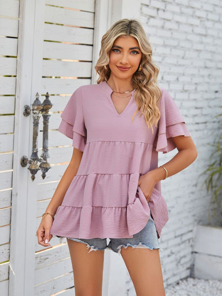 Tiered Notched Short Sleeve Blouse