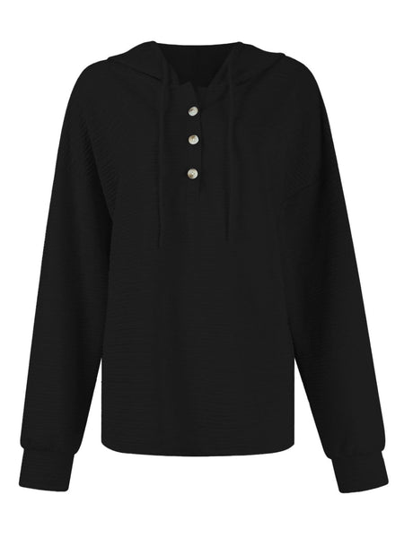 Drawstring Quarter Button Long Sleeve Hoodie