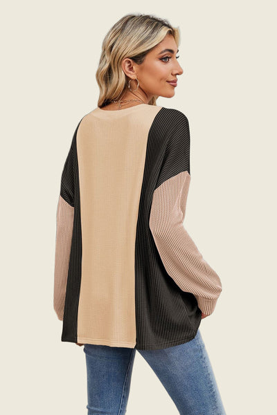 Texture Contrast Round Neck Long Sleeve T-Shirt