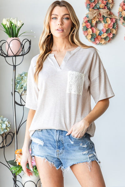 Lace Front Pocket Drop Shoulder Top