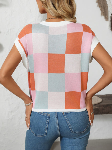 Checkered Round Neck Cap Sleeve Knit Top