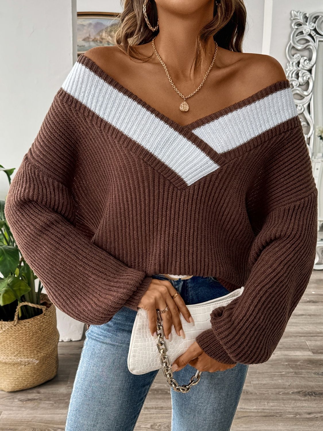 Contrast Dropped Shoulder Long Sleeve Sweater