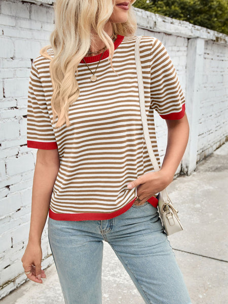 Striped Contrast Round Neck Half Sleeve Knit Top