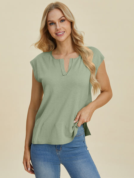 Notched Cap Sleeve Knit Top