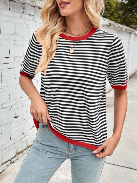 Striped Contrast Round Neck Half Sleeve Knit Top