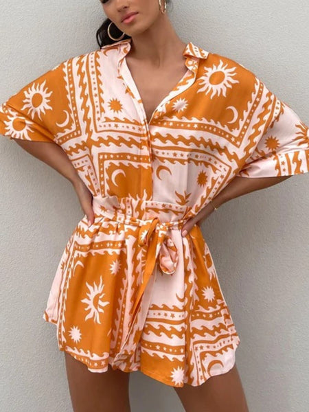 Printed Tie Waist Half Sleeve Romper