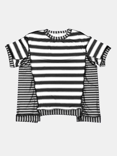 Full Size Contrast Stitching Striped Round Neck T-Shirt