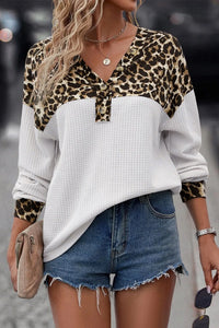 Waffle-Knit Leopard V-Neck Long Sleeve Blouse