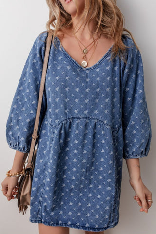 Tied V-Neck Three-Quarter Sleeve Denim Dress