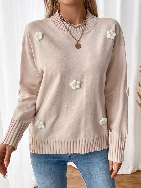 Flower Round Neck Long Sleeve Sweater