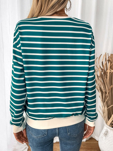 Striped Contrast Round Neck Long Sleeve Sweatshirt