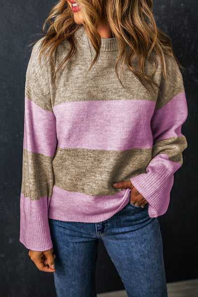 Color Block Round Neck Long Sleeve Sweater