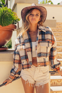 Brushed Plaid Crop Jacket with Pockets