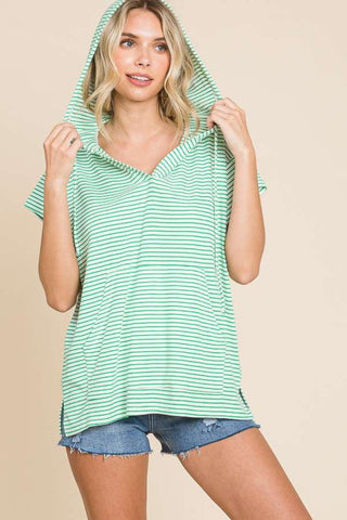 Striped Short Sleeve Hooded Top