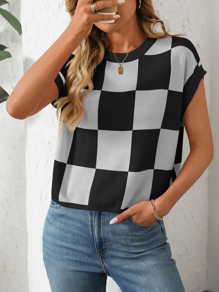 Checkered Round Neck Cap Sleeve Knit Top