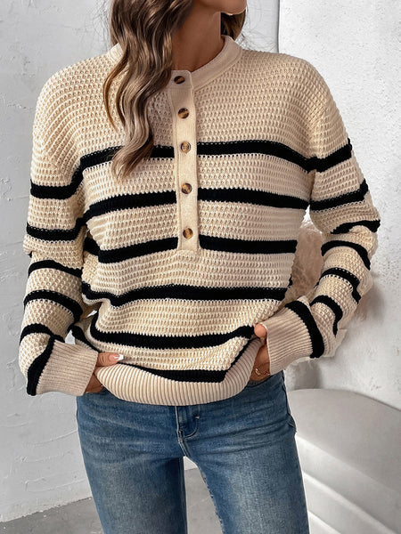 Striped Half Button Long Sleeve Sweater