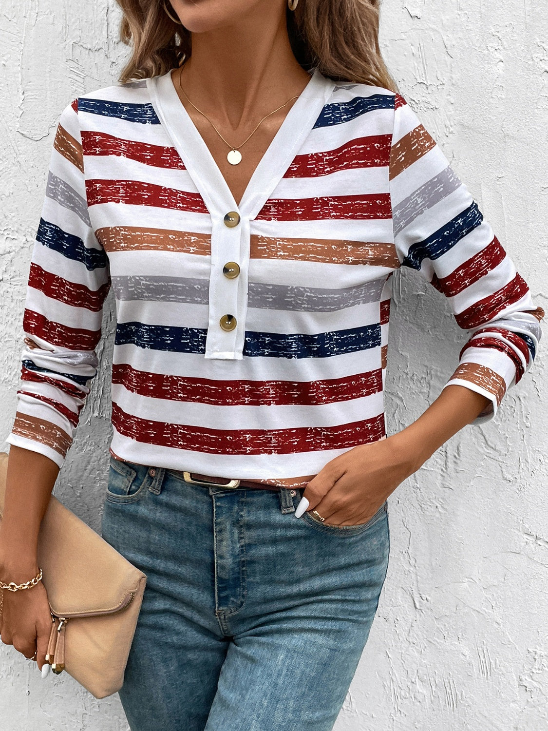 Contrast Striped V-Neck Long Sleeve T-Shirt