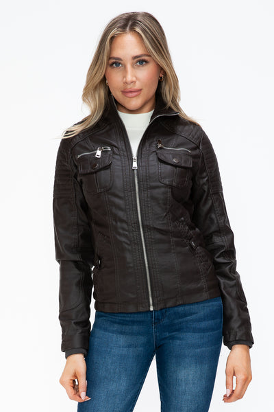 Removable Faux Layered Multi-Pocket Jacket with Fuzzy Hood