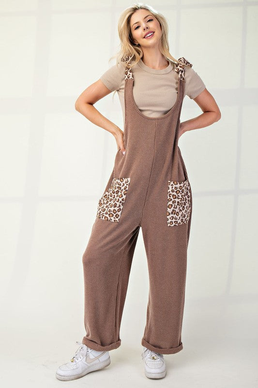 Ribbed Leopard Tied Shoulder Overalls