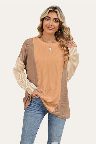 Texture Contrast Round Neck Long Sleeve T-Shirt