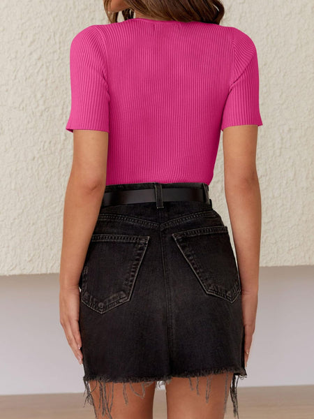 Ribbed Round Neck Short Sleeve Knit Top