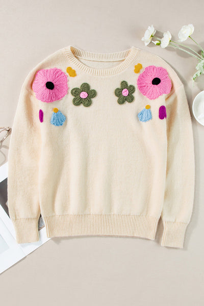 Crochet Flower Round Neck Dropped Shoulder Sweater