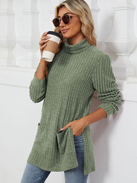 Slit Mock Neck Long Sleeve T-Shirt