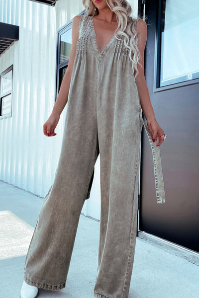 V-Neck Wide Leg Denim Jumpsuit