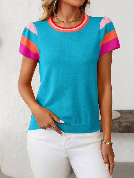 Contrast Round Neck Short Sleeve Knit Top