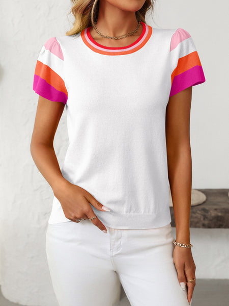 Contrast Round Neck Short Sleeve Knit Top