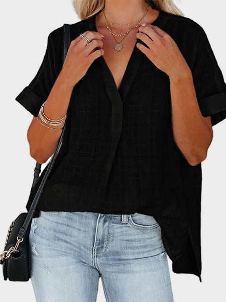 Side Slit Notched Short Sleeve Blouse